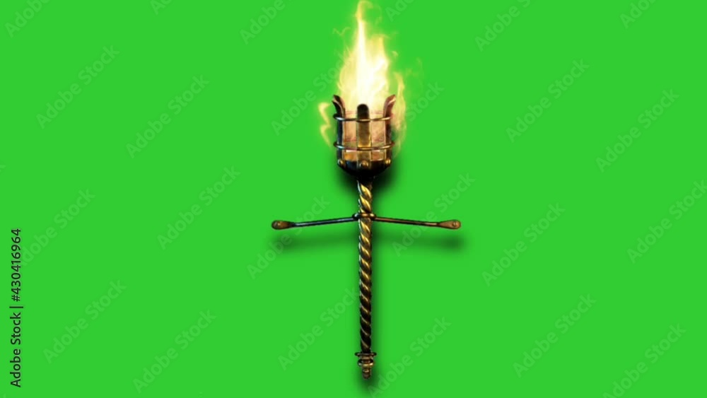 3d vintage wall fire torch green screen 4K footage