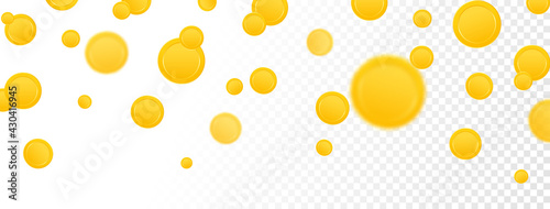 Gold coins falling on transparent background. Game win item. Token money icons. App interface design element. Cartoon profit collection. Virtual trophy sign. Vector illustration