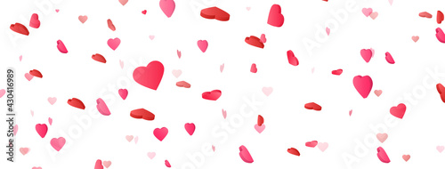 Heart confetti on long banner. Saint Valentine day background. International women celebration party. Birthday, wedding design elements. Romantic card. Honeymoon congratulation. Vector illustration