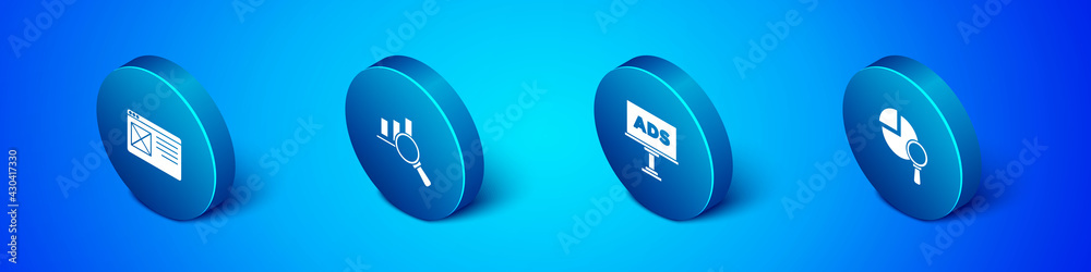 Set Isometric Browser window, Advertising, Magnifying glass and analysis and icon. Vector Set Isometric Browser window, Advertising, Magnifying glass and analysis and icon. Vector