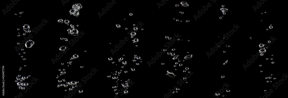 set water bubble white oxygen air, in underwater clear liquid with bubbles flowing up on the water surface, isolated on a black background - obrazy, fototapety, plakaty 