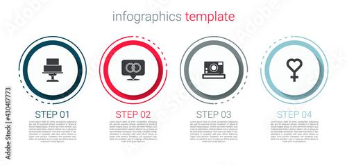 Set Wedding cake, rings, Photo camera and Female gender symbol. Business infographic template. Vector