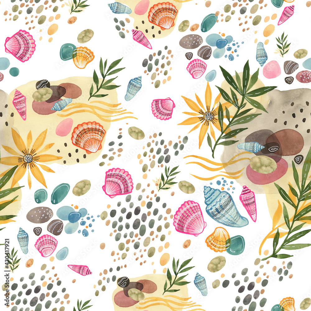 Seamless watercolor pattern seashells, pebbles, vacation by the sea. Beautiful print for textile and design. Colorful illustration of a summer weekend on the seashore, outdoor recreation, sun, ocean, 