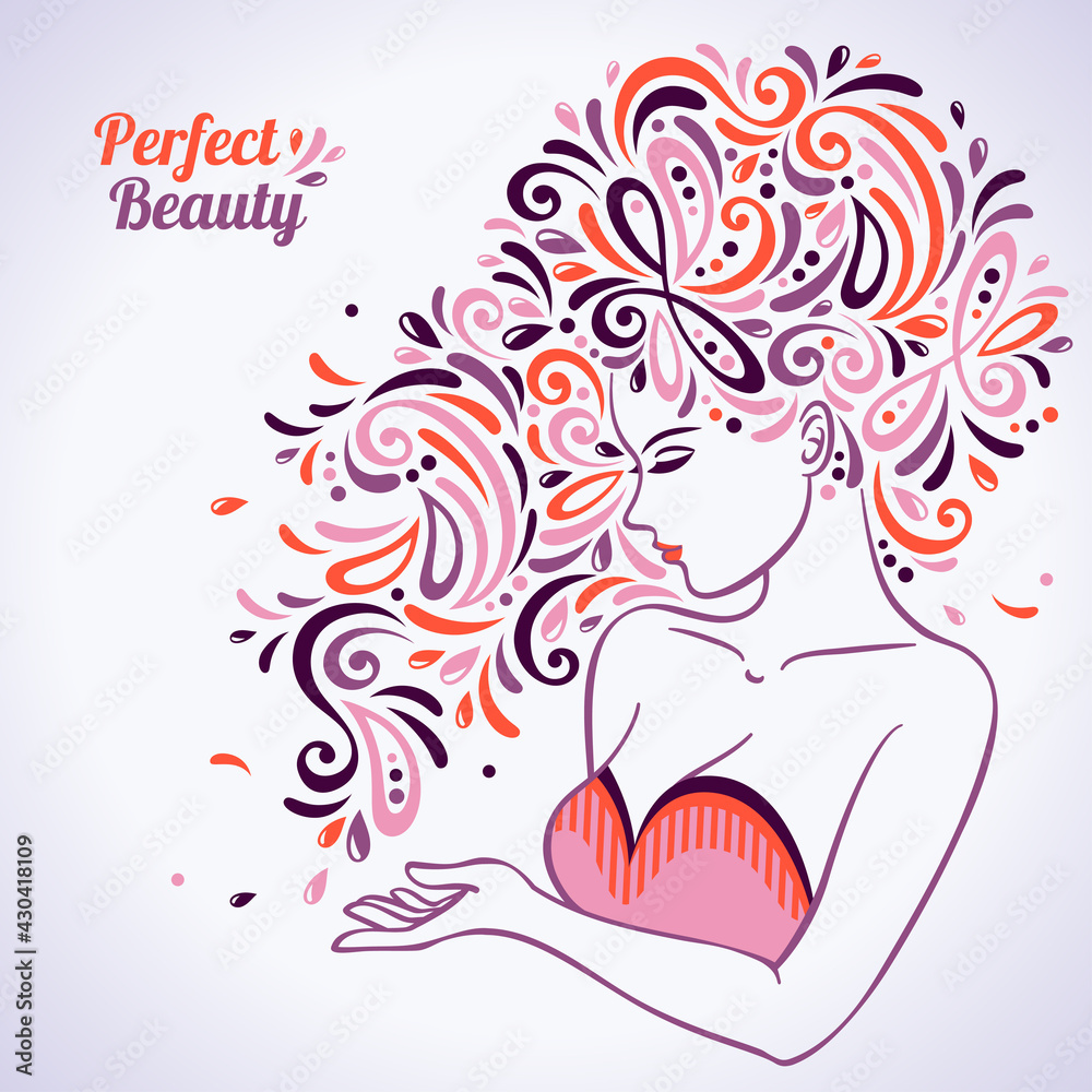 Beautiful woman portrait with abstract hair pattern. Vector illustration. Woman silhouette. Girl face logo design. Silhouette for cosmetics, beauty and spa, fashion themes. Female icon with curls Beautiful woman portrait with abstract hair pattern. Vector illustration. Woman silhouette. Girl face logo design. Silhouette for cosmetics, beauty and spa, fashion themes. Female icon with curls
