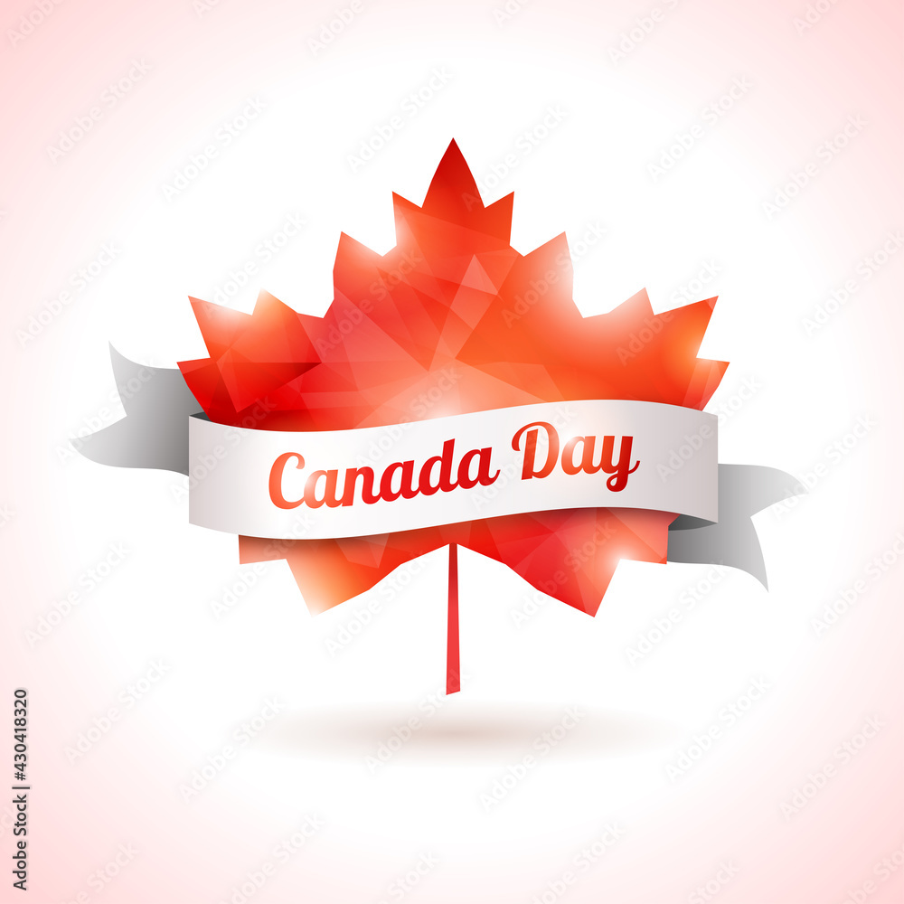 Fototapeta premium Canada day, vector illustration. Maple leaf with white ribbon. Abstract triangular shape. Symbol of Canada.