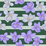 Outline blue orchid flowers seamless doodle pattern. Striped grey and green background.
