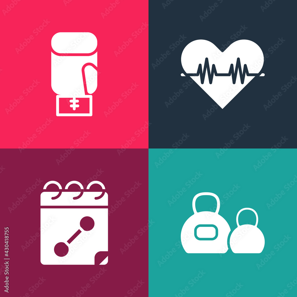 Set pop art Kettlebell, Calendar fitness, Heart rate and Boxing glove icon. Vector Set pop art Kettlebell, Calendar fitness, Heart rate and Boxing glove icon. Vector