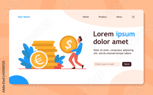 Tiny guy carrying huge gold coin. Dollar, cash, money flat vector illustration. Finance and banking concept for banner, website design or landing web page