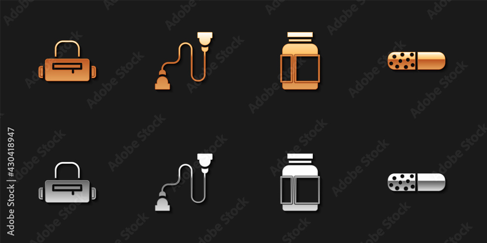 Set Sport bag, Chest expander, Sports nutrition and Vitamin pill icon. Vector Set Sport bag, Chest expander, Sports nutrition and Vitamin pill icon. Vector