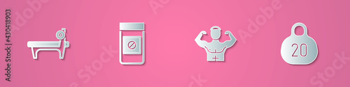 Set paper cut Bench with barbel, Anabolic drugs, Bodybuilder muscle and Kettlebell icon. Paper art style. Vector