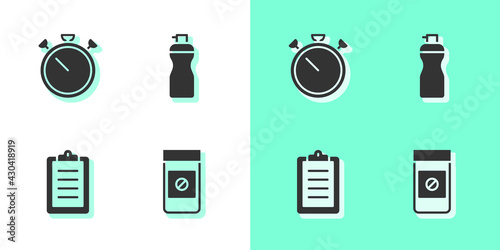 Set Anabolic drugs, Stopwatch, Sport training program and Fitness shaker icon. Vector