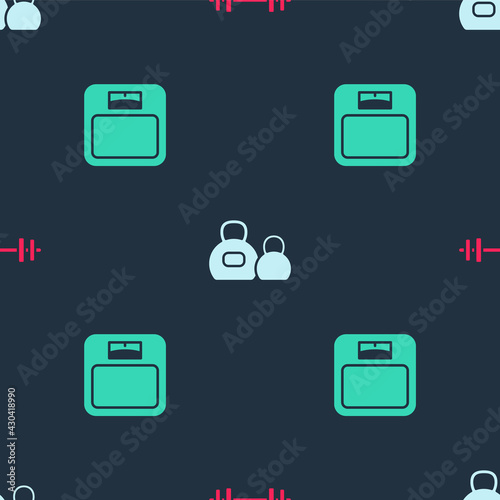 Set Barbell, Kettlebell and Bathroom scales on seamless pattern. Vector