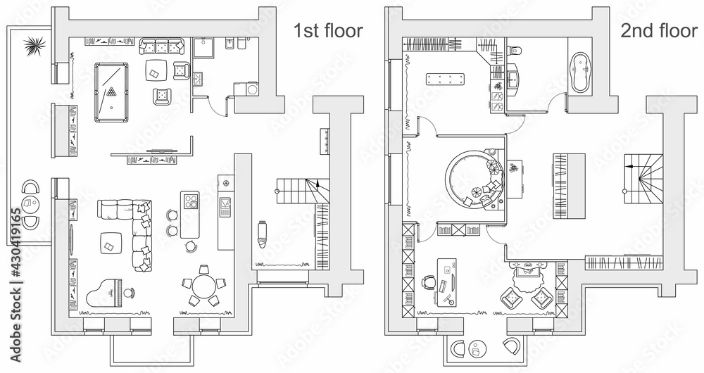 Planning of two storey apartment with arrangement furniture. Architectural drawing of the house (top view). Interior design  floor plan from above. Vector layout