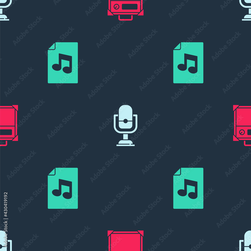 Set Guitar amplifier, Microphone and Music book with note on seamless pattern. Vector Set Guitar amplifier, Microphone and Music book with note on seamless pattern. Vector