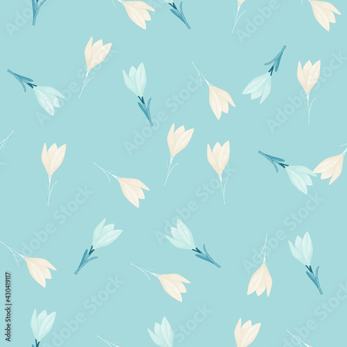 Random cute floral seamless pattern with crocus little flowers silhouettes on pastel blue background.