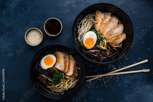 Asian ramen noodles with chicken and teriyaki sauce