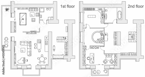 Planning of two storey apartment with arrangement furniture. Architectural drawing of the house (top view). Interior design floor plan from above. Vector layout