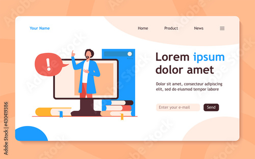 Lecturer talking during online webinar. Teacher, monitor, book flat vector illustration. Education and digital technology concept for banner, website design or landing web page