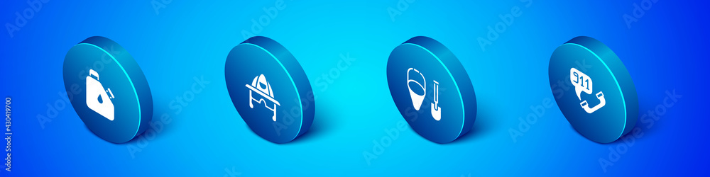 Set Isometric Canister fuel, Fire shovel and bucket, Telephone call 911 and Firefighter helmet icon. Vector Set Isometric Canister fuel, Fire shovel and bucket, Telephone call 911 and Firefighter helmet icon. Vector