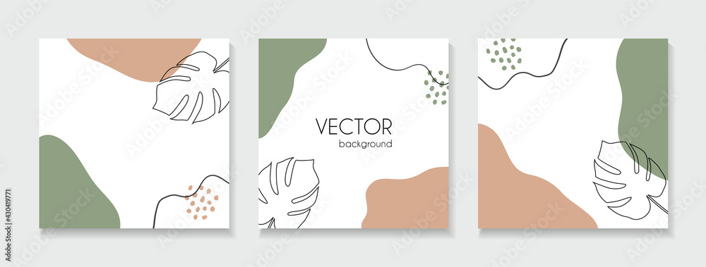 Set of abstract floral backgrounds for social media posts. Vector trendy square templates with tropical leaves and copy space for text Set of abstract floral backgrounds for social media posts. Vector trendy square templates with tropical leaves and copy space for text