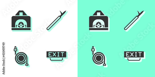Set Fire exit, Interior fireplace, hose reel and Metal pike pole icon. Vector