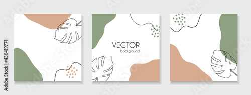 Set of abstract floral backgrounds for social media posts. Vector trendy square templates with tropical leaves and copy space for text