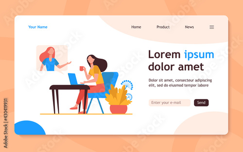 Woman using laptop and talking to friend. Video call, speech bubble, tea cup flat vector illustration. Communication, online video chat concept for banner, website design or landing web page
