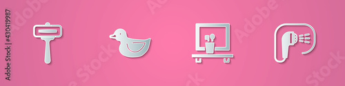 Set paper cut Shaving razor, Rubber duck, Washbasin mirror and Shower icon. Paper art style. Vector