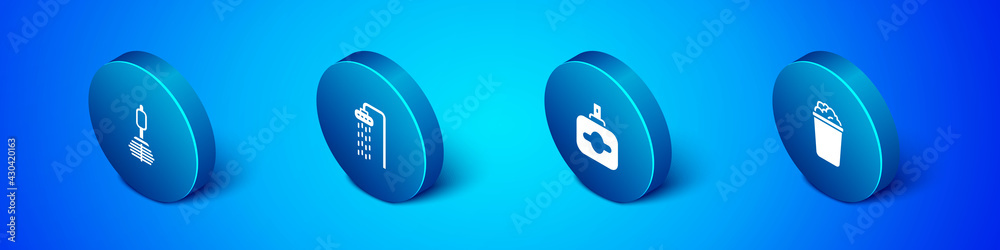 Set Isometric Toilet brush, Perfume, Bucket with soap suds and Shower icon. Vector