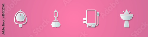 Set paper cut Toilet urinal or pissoir, brush, Electric boiler and Washbasin with water tap icon. Paper art style. Vector