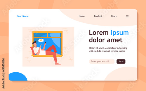 Young man lying on window and chatting via phone. Smartphone, social media, guy flat vector illustration. Communication and digital technology concept for banner, website design or landing web page