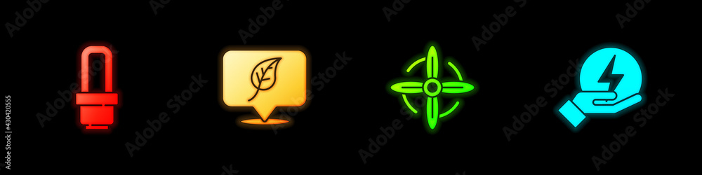 Set LED light bulb, Location with leaf, Wind turbine and Lightning bolt icon. Vector Set LED light bulb, Location with leaf, Wind turbine and Lightning bolt icon. Vector