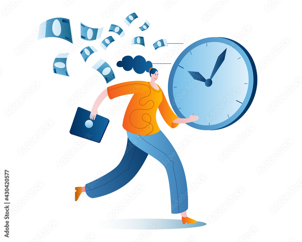 A woman with a handbag is running fast. Vector illustration in a flat style on the theme of time management and working time planning. 