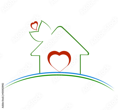 Vector illustration of a green house with leaves and heart symbol inside. can be used as real estate logo concept