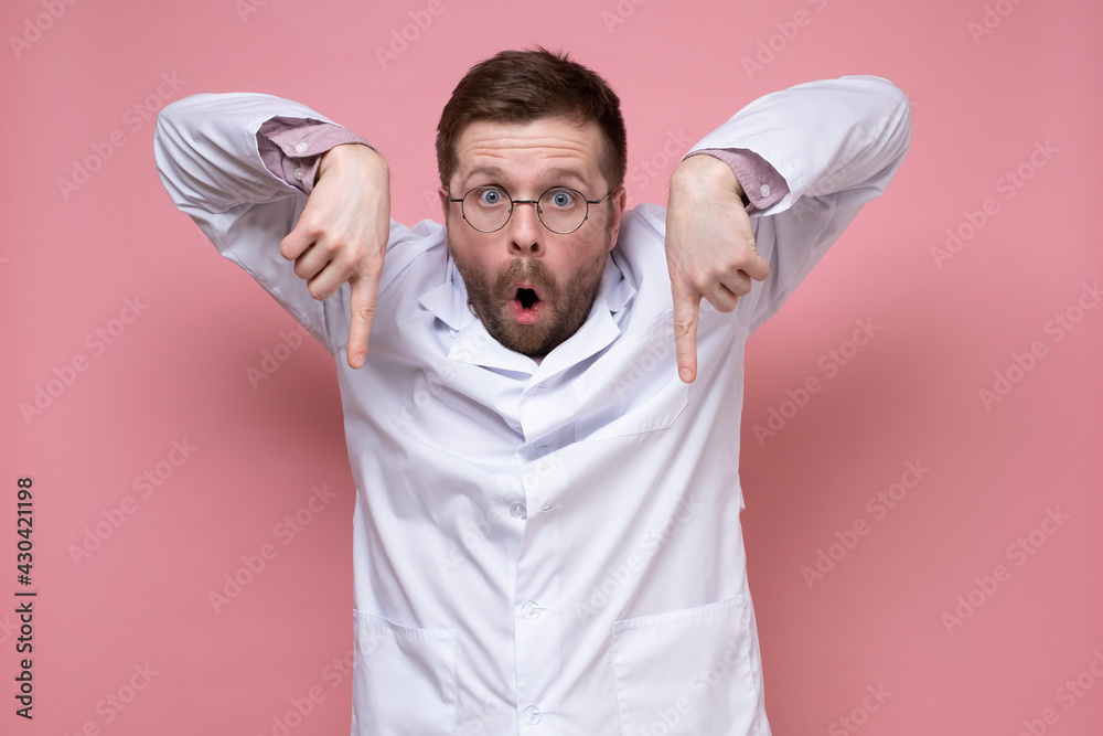 Finger Getting Zapped Frightened, shocked doctor points index fingers down, raising hands ...
