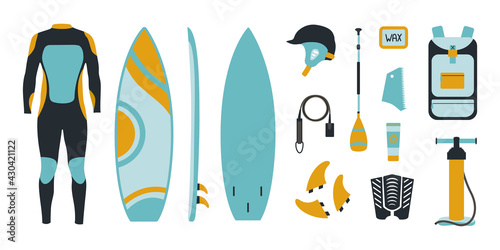 Big set of surfing equipment  in flat style on white background. Modern  vector design in yellow and blue colors