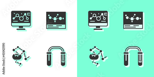 Set Test tube and flask, Genetic engineering modification, Genetically modified food and Chemical formula icon. Vector
