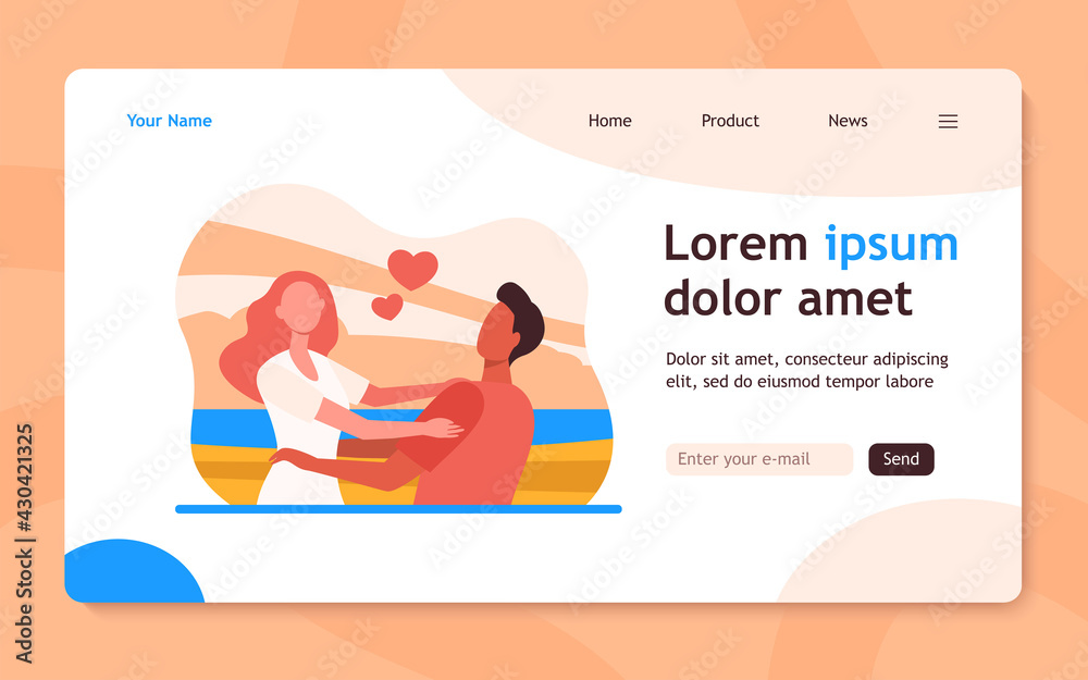 Young happy couple hugging each other. Girlfriend, date, sea flat vector illustration. Relationship and love concept for banner, website design or landing web page Young happy couple hugging each other. Girlfriend, date, sea flat vector illustration. Relationship and love concept for banner, website design or landing web page