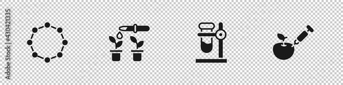 Set Chemical formula, Pipette and plant, Test tube flask on stand and Genetically modified apple icon. Vector