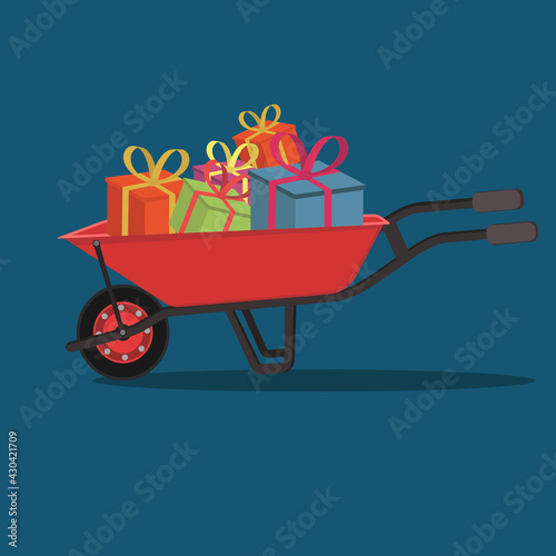 vector illustration of harvest gift box transported wheelbarrow flat design