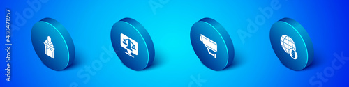 Set Isometric Judge, Security camera, International law and Scales of justice icon. Vector
