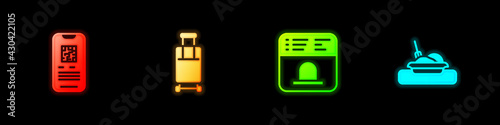 Set E-ticket train, Suitcase, Ticket office to buy tickets and Plate with food icon. Vector
