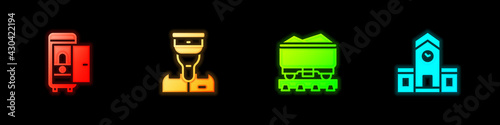 Set Toilet in the train car, Train conductor, Coal wagon and Railway station icon. Vector