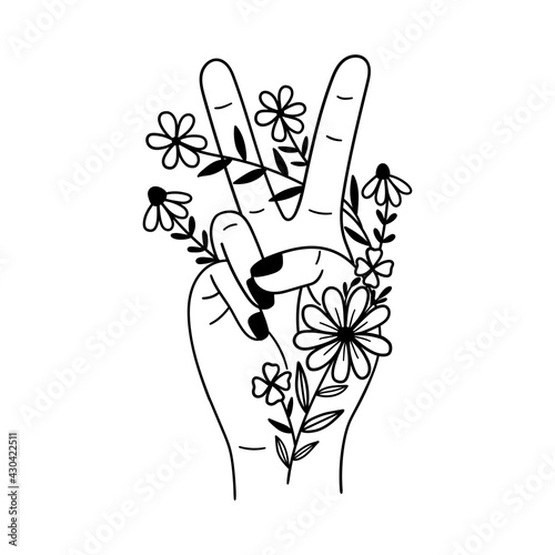Peace Sign Hand.  Hand with two fingers outward and flowers. Outline drawing. Line vector illustration isolated on white background. Design for invitations, wedding or greeting cards.