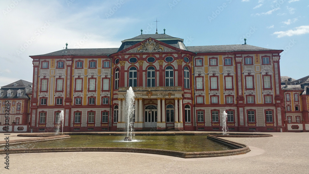 Bruchsal, Germany - June 27, 2020:  Bruchsal Palace (Schloss Bruchsal), also called the Damiansburg, is a Baroque palace complex located in  in the Baden-Wurttemberg. A fine Roccoco decoration