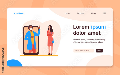 Man in mask on phone screen explaining something to woman. Smartphone, quarantine, virus flat vector illustration. Pandemic and protection concept for banner, website design or landing web page