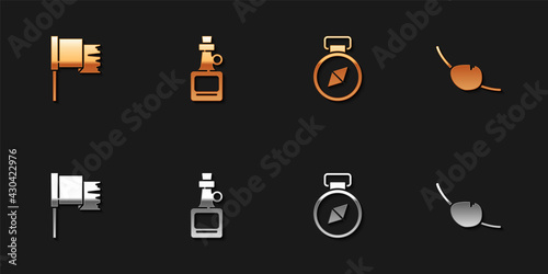 Set Pirate flag, Alcohol drink Rum, Compass and eye patch icon. Vector photo