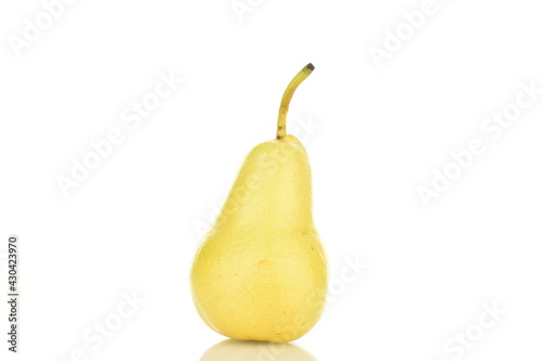 One ripe light yellow pear, close-up, isolated on white.