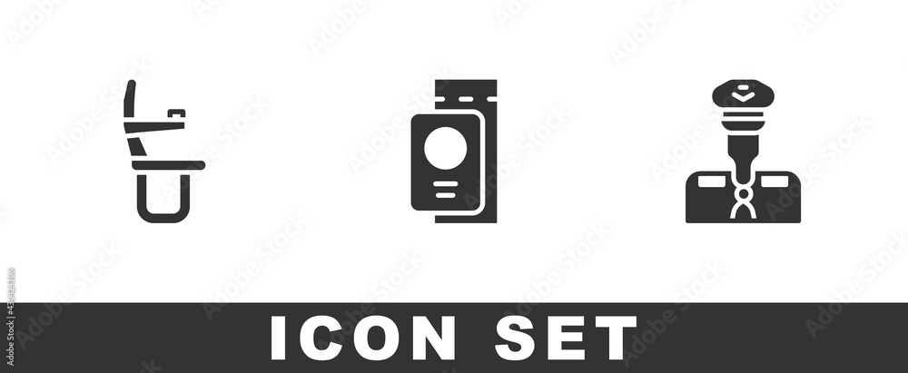 Set Airplane seat, Passport with ticket and Pilot icon. Vector Set Airplane seat, Passport with ticket and Pilot icon. Vector