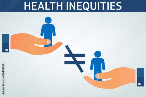 Health inequities illustration vector flat banner. Two man standing on palm of the hand. Discrimination, injustice and equity concept.